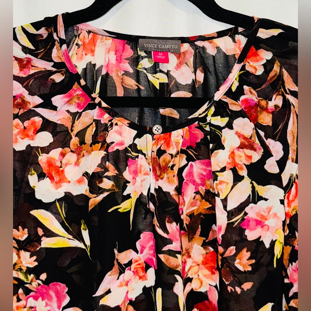 Lot 2 Vince Camuto Tops Red Dot Black Floral Sheer V-neck Blouse Dressy Career M - Picture 9 of 14